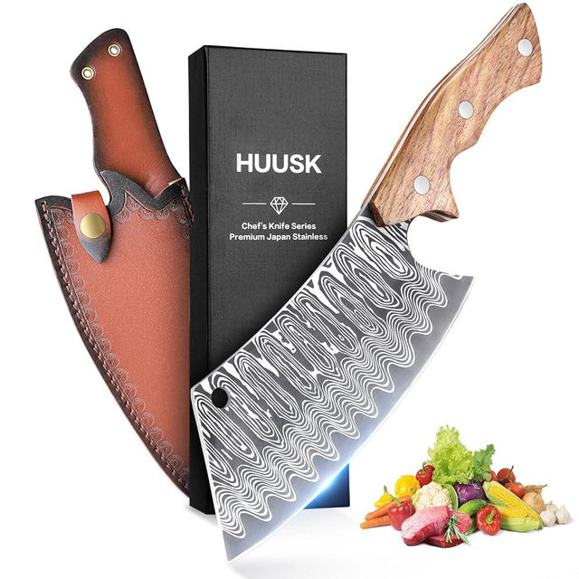 Huusk Japan Knife, Hand Forged Meat Cleaver KnifeJapanese Kitchen Knife with Sheath Cooking Knives Butcher Knife for Meat Cutting Vegetable Cleaver for Kitchen, Camping Thanksgiving Christmas Gifts