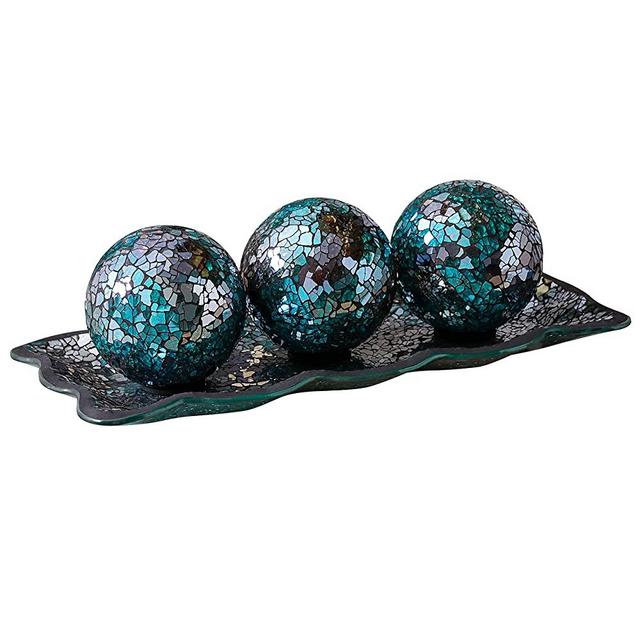 12.4” Mosaic Glass Decorative Tray Dish Plate with 3pcs 3" Decorative Orbs Balls Sphere Decor for Living Room or Dining Table Coffee Table Mantle Decor Centerpiece (Turquoise)