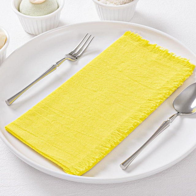 DeZerlor 12 Pack Lemon Yellow Cotton Linen Napkins with Fringe Spring Easter Cloth Napkins Set of 12 Boho Handmade Dinner Napkins Bulk for Wedding Bridal Baby Shower Parties, 17 x 17 Inches