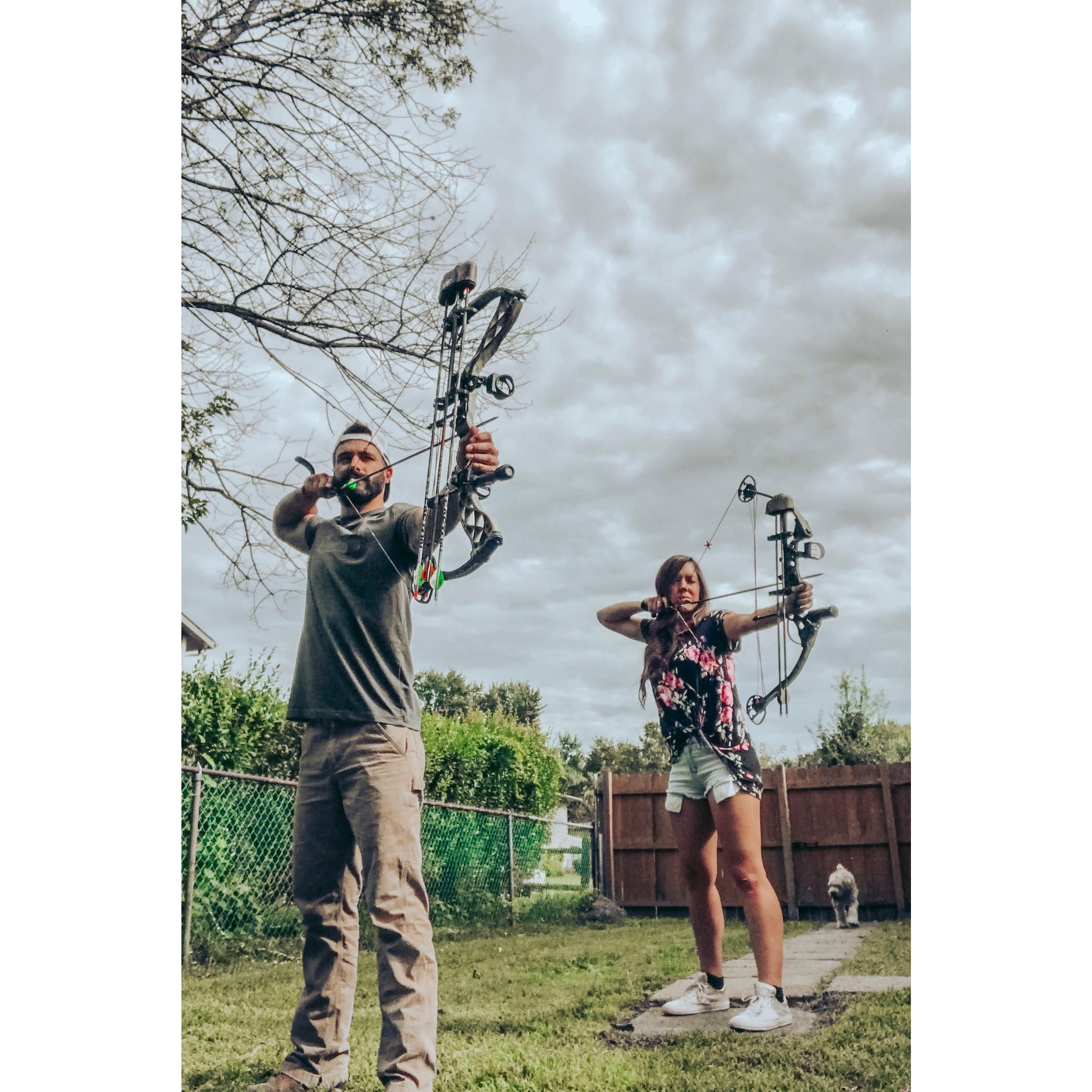 I surprised her with a bow. She surprised me by shooting so well.  I thought she was all talk....but she puts her arrows where she wants to! Look at her!!!