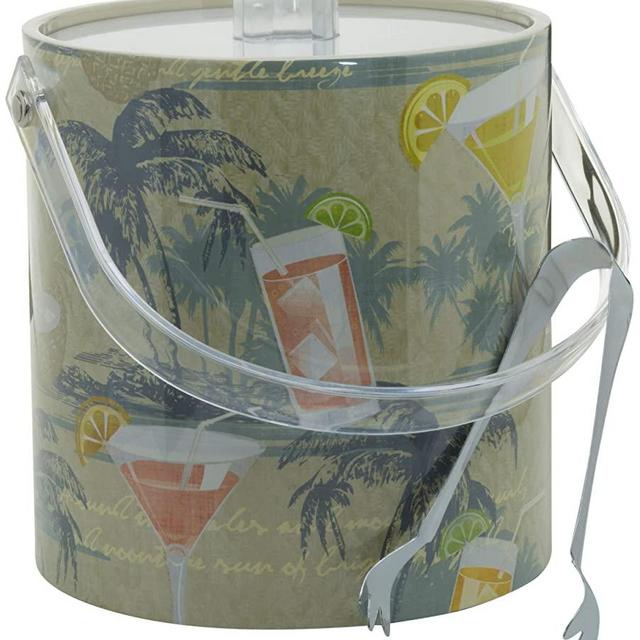 Hand Made In USA Vintage Tropical Design Double Walled 3-Quart Insulated Ice Bucket With Ice Tongs (Nautical Collection)