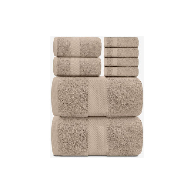 White Classic Luxury 100% Cotton 8 Piece Towel Set - 4x Washcloths, 2x Hand, and 2x Bath Towels - Taupe