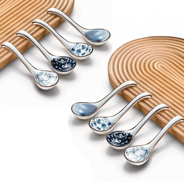 KHOI NGUYEN Asian Soup Spoon Set of 8, Ceramic Pho Spoons, Ramen Spoon, Chinese Soup Spoons, Vietnamese Gifts, Non-Slip, Dishwasher Safe for Ramen, Pho, Wonton, Miso, Dumplings, 8pcs