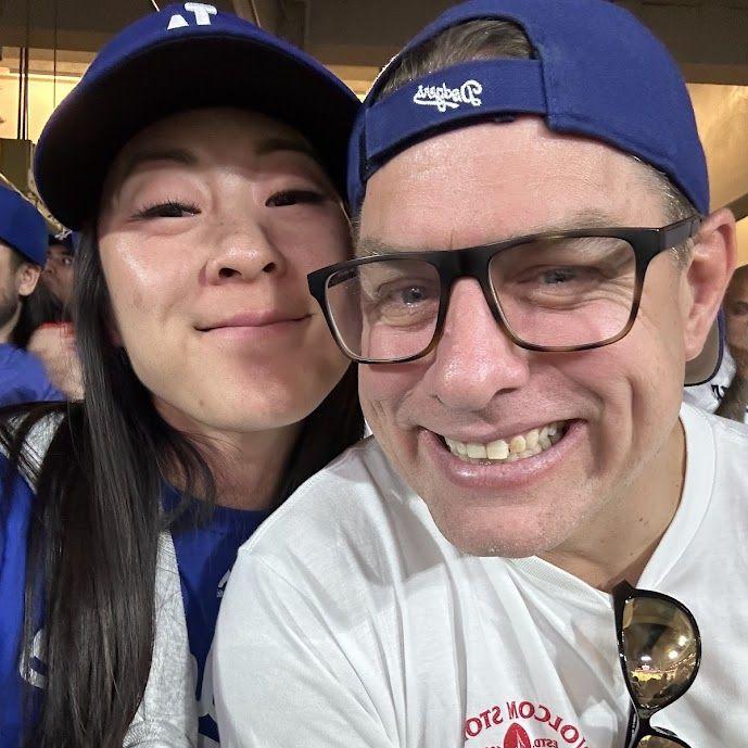 Our first Dodgers game together! Pat loves Helen so much he donned Dodgers gear for the first time :) (He's a Giants fan)