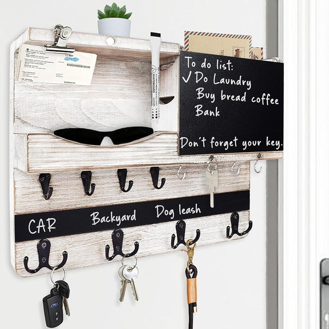 HEKOOLA Farmhouse Key and Mail Holder for Wall Decorative, Rustic Mail and Key Organizer for Wall with Different Hooks, Blackboard, Shelf, Basket, Clips(Pine Wood, Whitewashed)