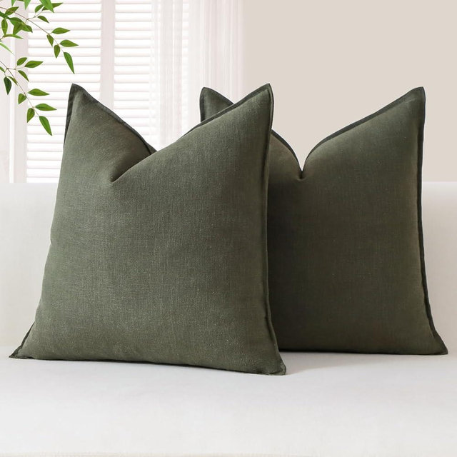OTOSTAR Pack of 2 Soft Linen Decorative Throw Pillow Covers 24 x 24 Inch Solid Farmhouse Pillowcases Boho Accent Pillow Covers for Sofa Couch Chair Bedroom Home Decor Cushion Covers, Olive Green