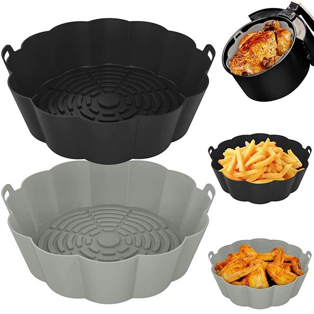 Elctbras 2 Pack Air Fryer Silicone Liners Reusable Round Insert, Food Grade Silicone Liners for Air Fryer Basket Accessories, 8.5 Inches for 5 to 8 Qt for Air Fryer Oven Accessories (Black and Grey)