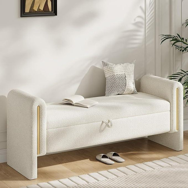 Sudwesto 52" Storage Ottoman Bench, Teddy Upholstered End of Bed Bench with Pull-Ring, Modern Storage Bench with H-Shaped Design, Sturdy Entryway Bench for Bedroom, Entryway (Cream)