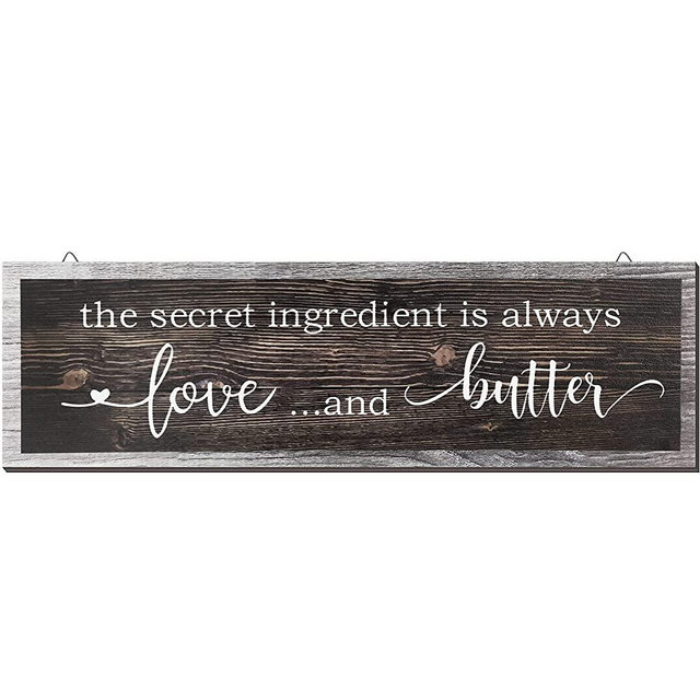 The Secret Ingredient Is Always Love and Butter Sign Funny Wood Kitchen Wall Sign Funny Farmhouse Kitchen Wall Decoration Rustic Kitchen Wall Decor, 15.7 x 4.7 Inch (White Words on Brown Background)