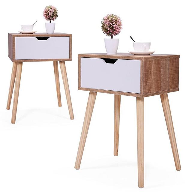 JAXSUNNY Mid-Century Solid Wood Legs Side Table, Bedside Table Nightstand End Table, with White Storage Drawer 23.1" H - Set of 2 in Walnut