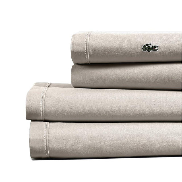 Lacoste 100% Cotton Percale 4-Piece Sheet Set – Cool, Crisp, Matte, and Durable, Oeko-Tex Certified – Solid, Pumice Stone, Queen