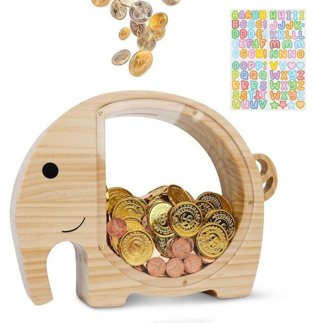 CMBCCNBS Large Wooden Piggy Bank for Boys & Girls, Cute Toy for Kids & Toddlers, Indestruct Saving Money Box Present with Clear Plastic for Adults Birthday Gifts & Easter