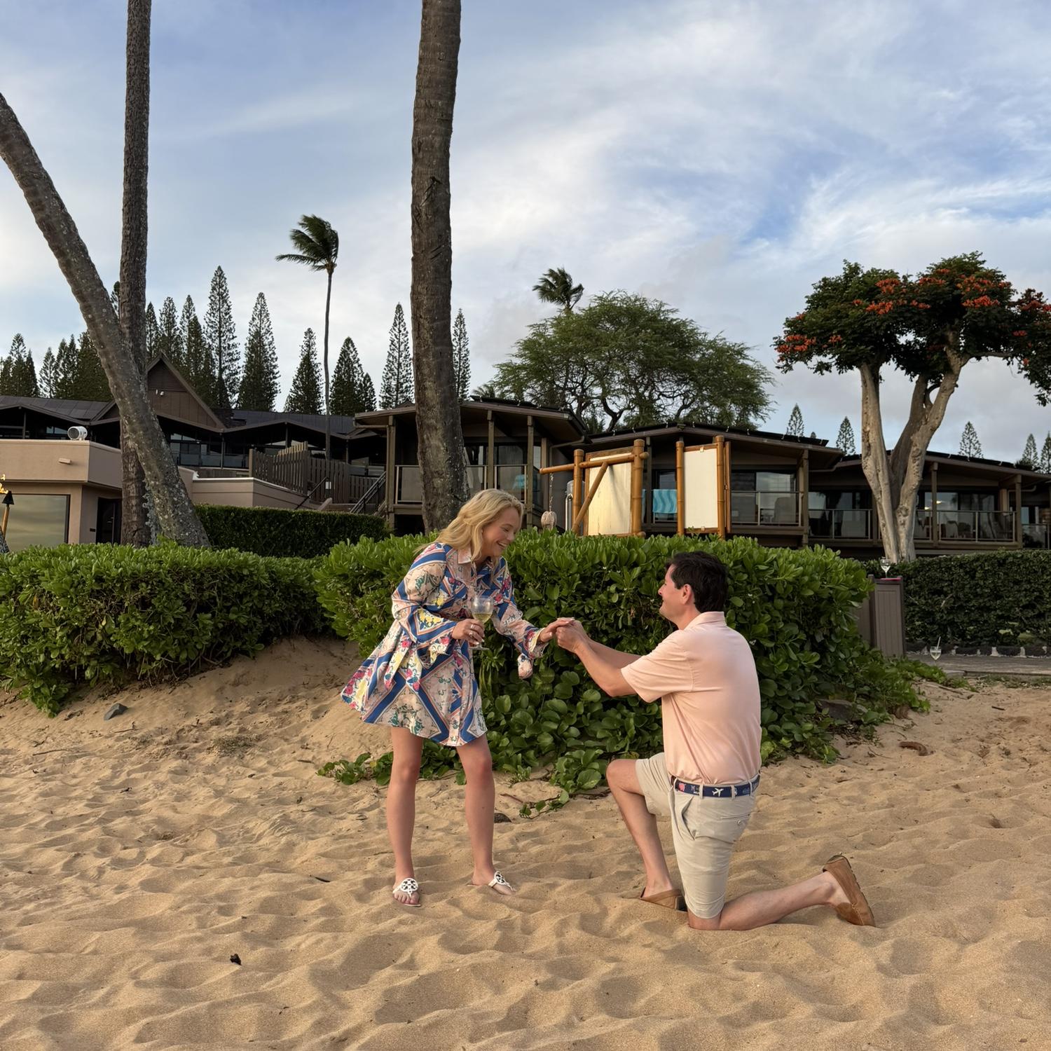 Maui Engagement July 2025: John actually dropped to one knee in front of the trashcan to the right of him in this pic, because of his nerves. At the wedding, enjoy "The Trashcan" specialty cocktail!