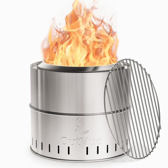 OutVue 15.5 inch Stainless Steel Smokeless Fire Pit with Grill, Outdoor Smokeless Firepit, Wood Burning Fire Pits for Camping, Bonfire, Low Smoke Firepit for Outside (Vertical Hole)
