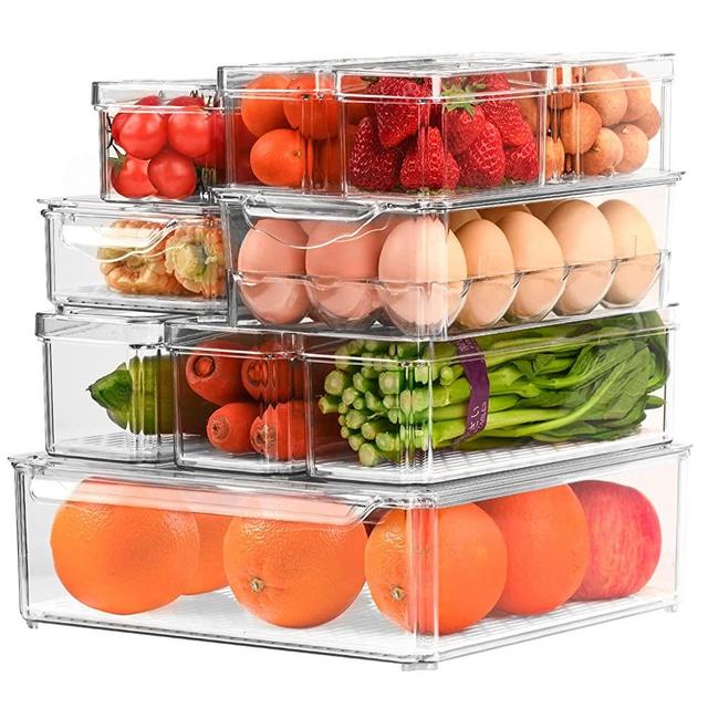 12-pack Stackable Fridge Organizer with 5 liners, Refrigerator Organizer Bins with Lids, Plastic Fridge Organizers and Storage Clear Pantry Organization and Storage Containers for Fruits, Vegetable (12)