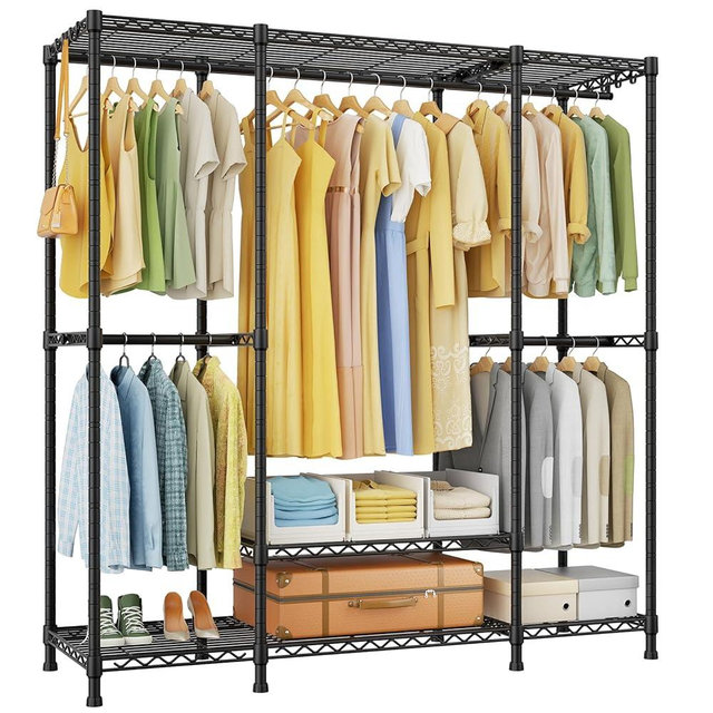 Ulif E3 Heavy Duty Garment Rack, 4 Tiers Freestanding Closet Organizer System with 5 Shelves, Metal Closet Organizer and Storage System for Clothes, Max Load 850lbs, 58.4"W x 15.7"D x 77.3"H, Black