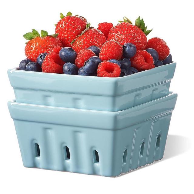 ONEMORE Berry Basket Ceramic Berry Bowls with Holes Square Fruit Bowl Berry Colander Containers for Fridge - 5.8" Fruit Basket for Kitchen Décor, Set of 2, Blue