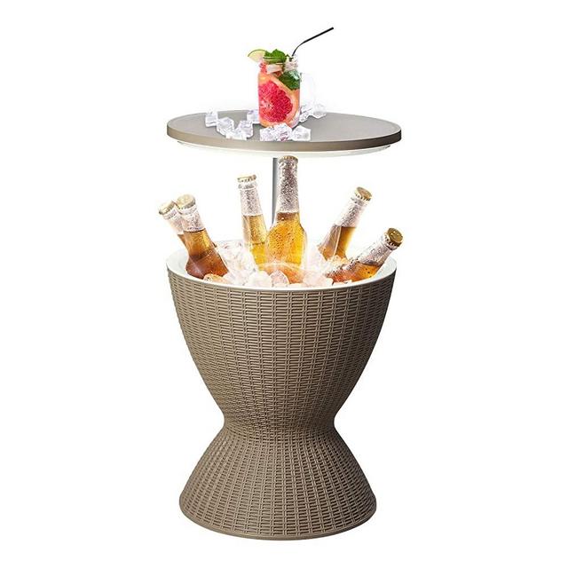 Cool Bar Outdoor Patio Table Ice Bucket - 3 in 1 Adjustable Height Rattan Wicker Bar Table,HYD-Parts All-Weather Wicker Bar Cocktail Coffee Table for Home Outdoor Party Deck Pool Use (Coffee)