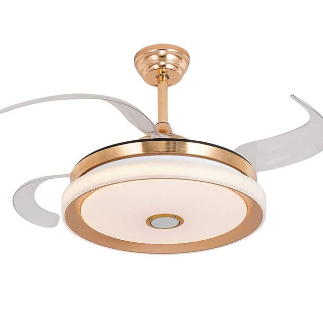 Retractable Ceiling Fan with Light and Bluetooth Speaker, LED Bluetooth Ceiling Fan with Light 7 Color Lighting Gold 42 Inch