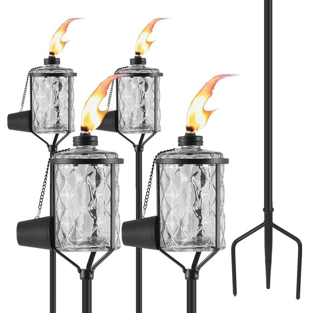 MQKIWAO 4 Pack Glass Torches, 13.5 oz Citronella Torches for Outside, Citronella Torches with 3-Prong Grounded Stake, Landscape Lanterns Torches for Garden, Patio, Party Decor (Gray)