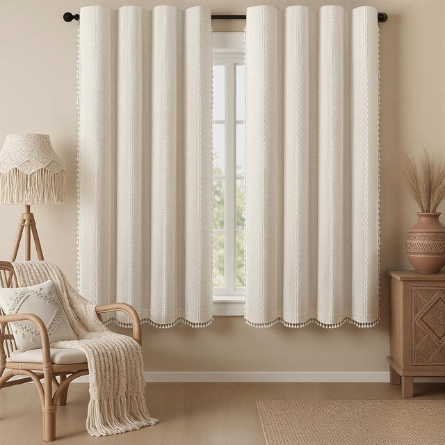 XOGUIBO Cream Boho Blackout Curtains 2 Panels 63 Inch for Living Room Bedroom, Beige Linen Texture Farmhouse Curtains with Tassels and Cotton Embroidery Vintage Rustic Western Rod Pocket