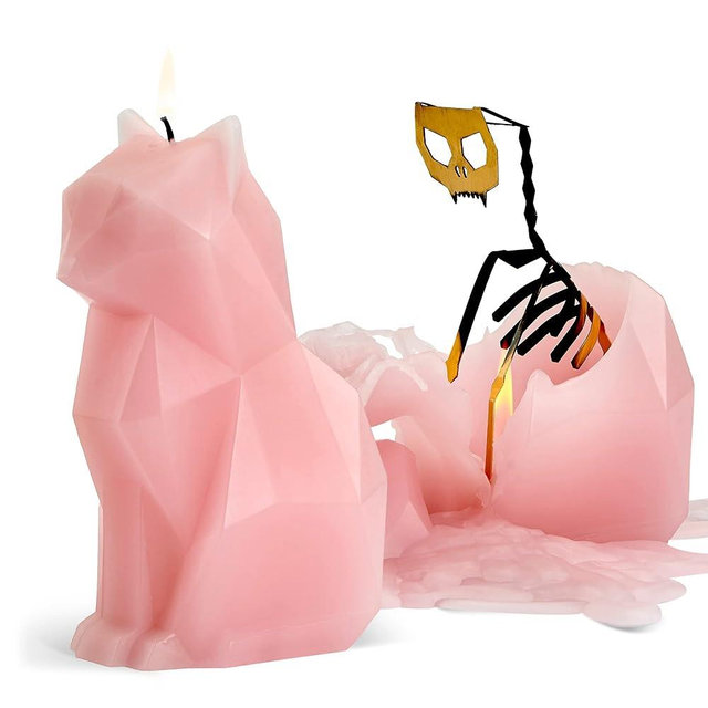 PyroPet Kisa Cat Candle (Light Pink) - The Original Cat Candle with Metallic Skeleton | Halloween Decor | Unique Gift for Cat Lovers | 20-Hr Burn Time | Dimensions: 6.7x2.9x4.5 in
