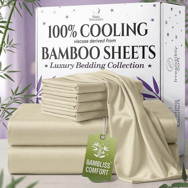 SLEEP SANCTUARY 100% Viscose Derived from Bamboo Sheets Queen Size 6pcs – BamBliss Luxury Cooling Sheets for Hot Sleepers - Cloud Soft, 17" Deep Pocket, Ultra Durable Bed Set (Creme)