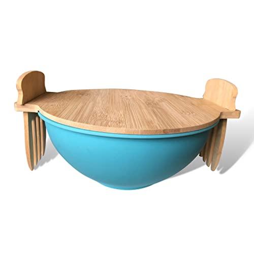 Salad Bowl With Lid And Servers | Eco-Friendly Bamboo Fiber Pasta Bowl and 100% Bamboo Cover With Salad Serving Utensils | Display Cutting Board | Mixing Bowl For Kitchen To Replace Wooden Fruit Bowl