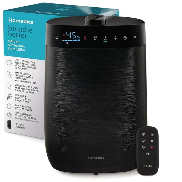Homedics Deluxe Ultrasonic Humidifier for Large Rooms, Warm or Cool Mist, UV-C Technology, 1.5-Gallon Top Fill Tank, Smart Digital Programmable Humidistat, Home Dry Air Relief, Aromatherapy