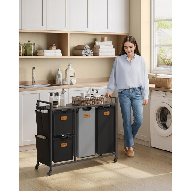 VASAGLE Laundry Hamper with 4 Compartments, 39.6 Gal. Laundry Sorter, Rolling Laundry Cart with Shelves, Ink Black and Dove Gray