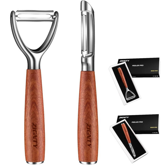 ZIGNTY Potato Peelers Stainless Steel, Ultra Sharp Vegetable Peeler for Kitchen, Premium Veggie Fruit Peeler, Rotary Blade Carrot Peelers, Thickened Non-Slip Ergonomic Wooden Handle（5 Years Warranty）