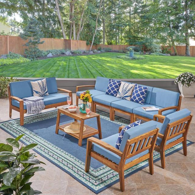 Grenada 8pc Acacia Sectional Sofa & Loveseat Set Teak/Blue - Christopher Knight Home