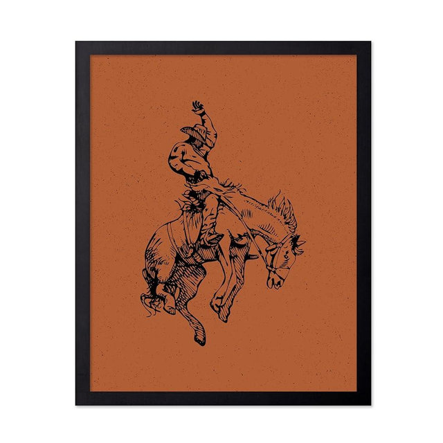 Poster Master Brown Rodeo Poster - Retro Cowboy on Bucking Horse Print - Cowboy Art - Western Art - Wild West Art - Gift for Him & Her - Decor for Ranch, Barn or Living Room, 8x10 Black Framed