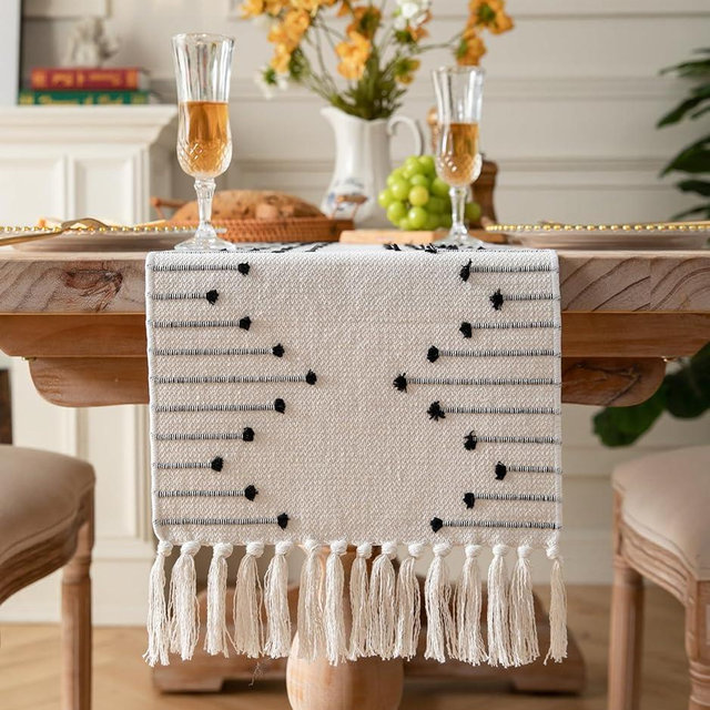 Boho Table Runner 13 x 60 Inch Long Natural Cotton Woven Runner with Tassels for Home Dining Table décor, for Modern Farmhouse Decor Coffee Table Runner, Black and Beige