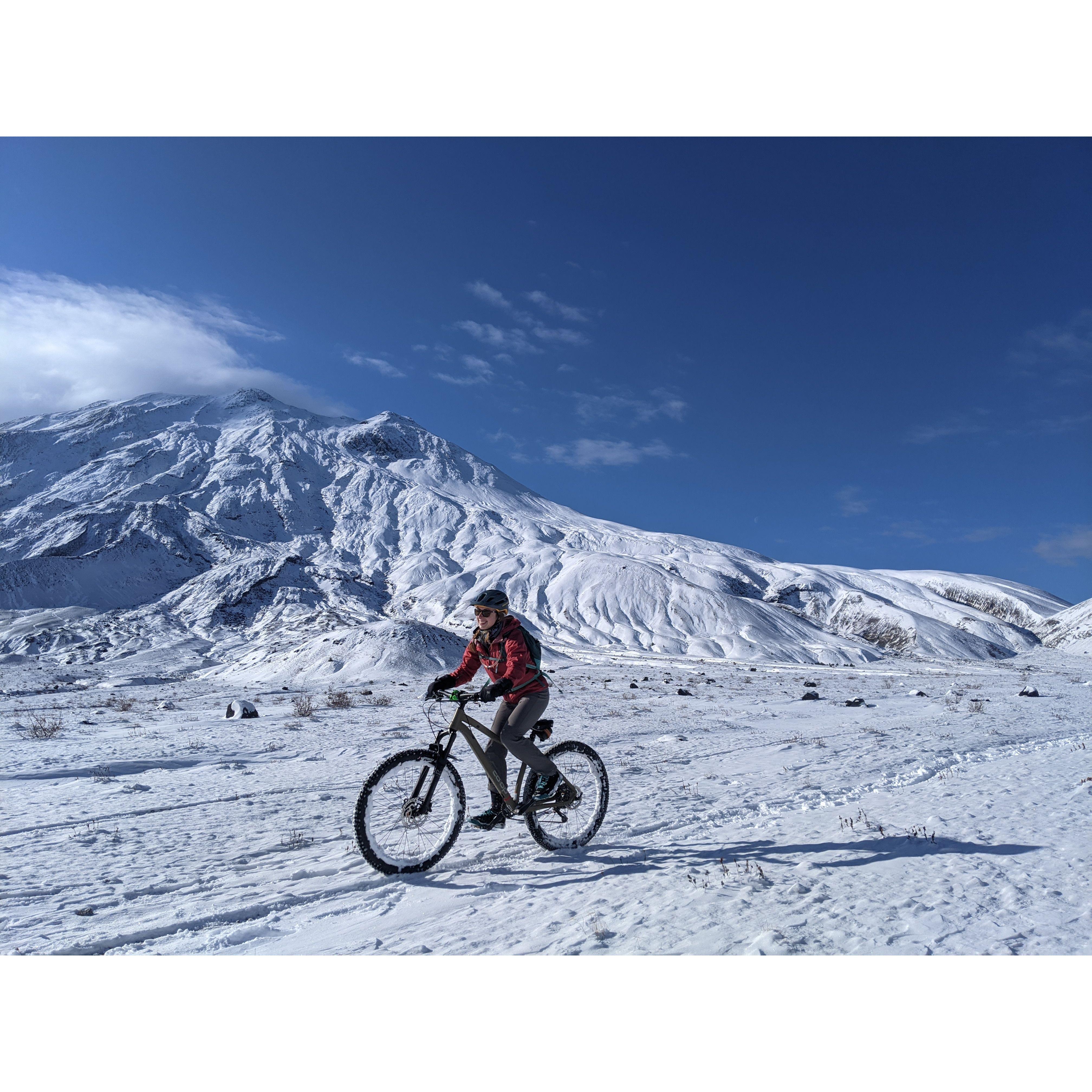 Biking in the snow around Mt. St. Helens.