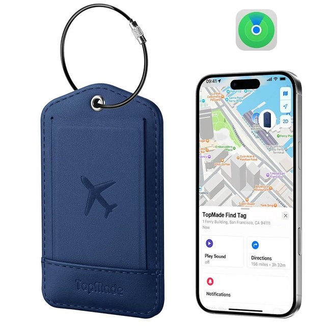 TopMade Smart Luggage Tag with Apple Find My, Premium Leather Luggage Tags for Suitcase, Travel Bags, Backpacks, Anti-Lost Suitcase Tag Tracker for Travel with Privacy Name Card, Rechargeable
