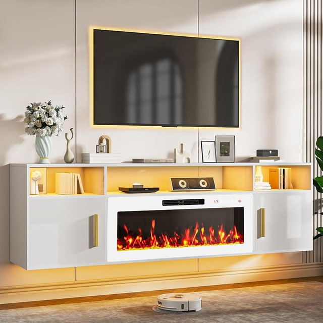 TAVATA Floating TV Stand Fireplace, 70" Floating Fireplace TV Stand Wall Mounted Entertainment Center with Storage for TVs Up to 80", Modern Media Console with LED Lights for Living Room, White+White