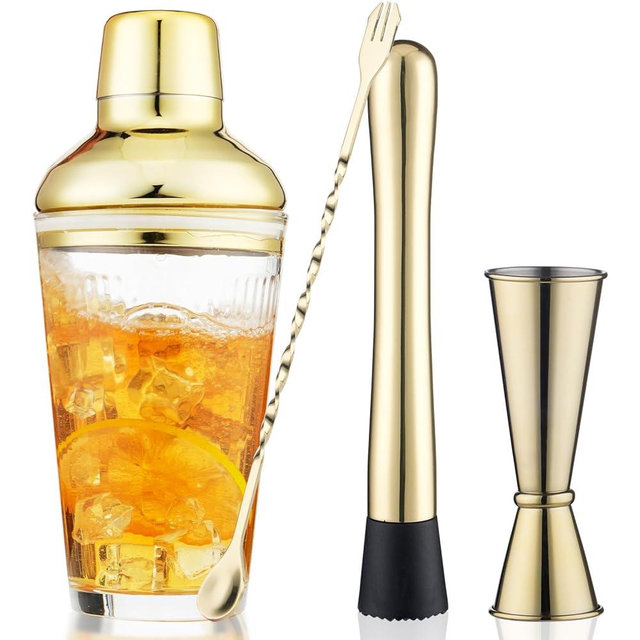 Gold Cocktail Shaker Set - Includes Measuring Jigger, Mixing Spoon, and Muddler with 17oz Glass Martini Shaker Bottle Stainless Steel Bar Tools, Home Bar Accessories Drink Mixer, Barware Gift Set