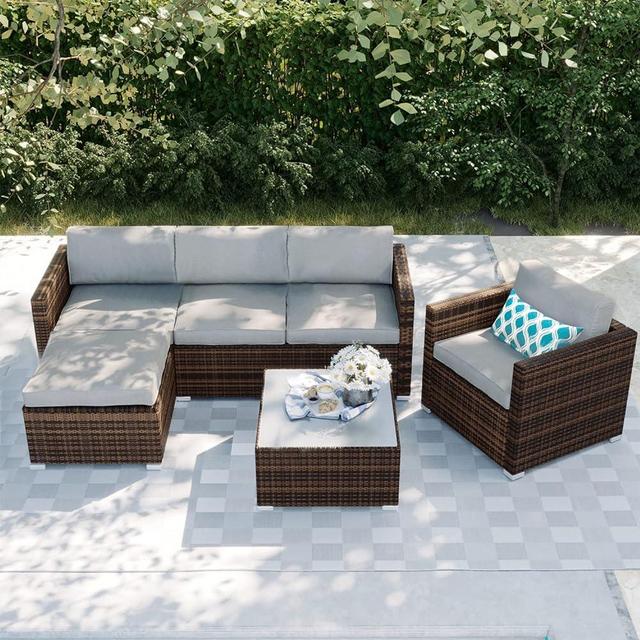 SUNBURY 6-Piece Outdoor Sectional Interwoven Wicker Sofa Patio Furniture Set w Blue White Plaid Pillow, Tempered Glass Coffee Table for Backyard