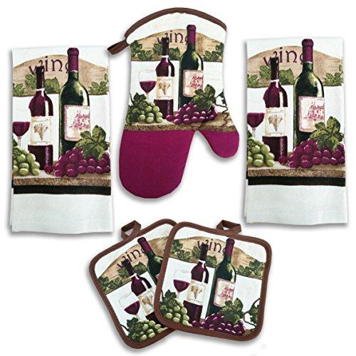 American Mills Wine Bottle Decor 5 Piece Printed Kitchen Linen Set Includes Towels Pot Holders Oven Mitt