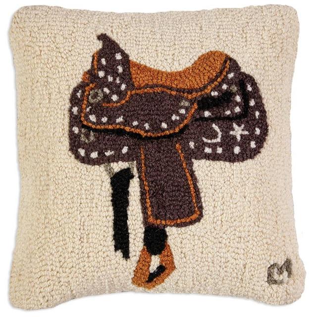 Chandler 4 Corners Artist-Designed Western Saddle Hand-Hooked Wool Decorative Throw Pillow (18” x 18”) Horse-themed Pillow for Couches & Beds-Easy Care, Low Maintenance Country Western Home Décor