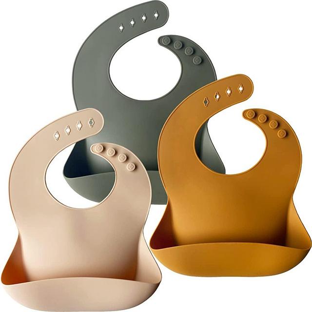 Moonkie Silicone Baby Bibs Set Of 3, BPA Free Soft Adjustable Fit Waterproof Feeding Bibs for Babies and Toddlers (Cream/Buck/Olive Green)