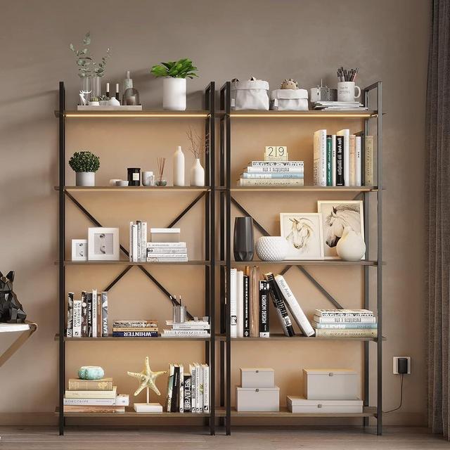 Vlsrka 5 Tier Bookshelf with 3 LED Lights, Industrial Bookshelf Tall Bookshelf Vintage Etagere Bookshelf Modern Bookcases Storage Organizer Open Display Shelves for Bedroom Home 2pcs（Brown）