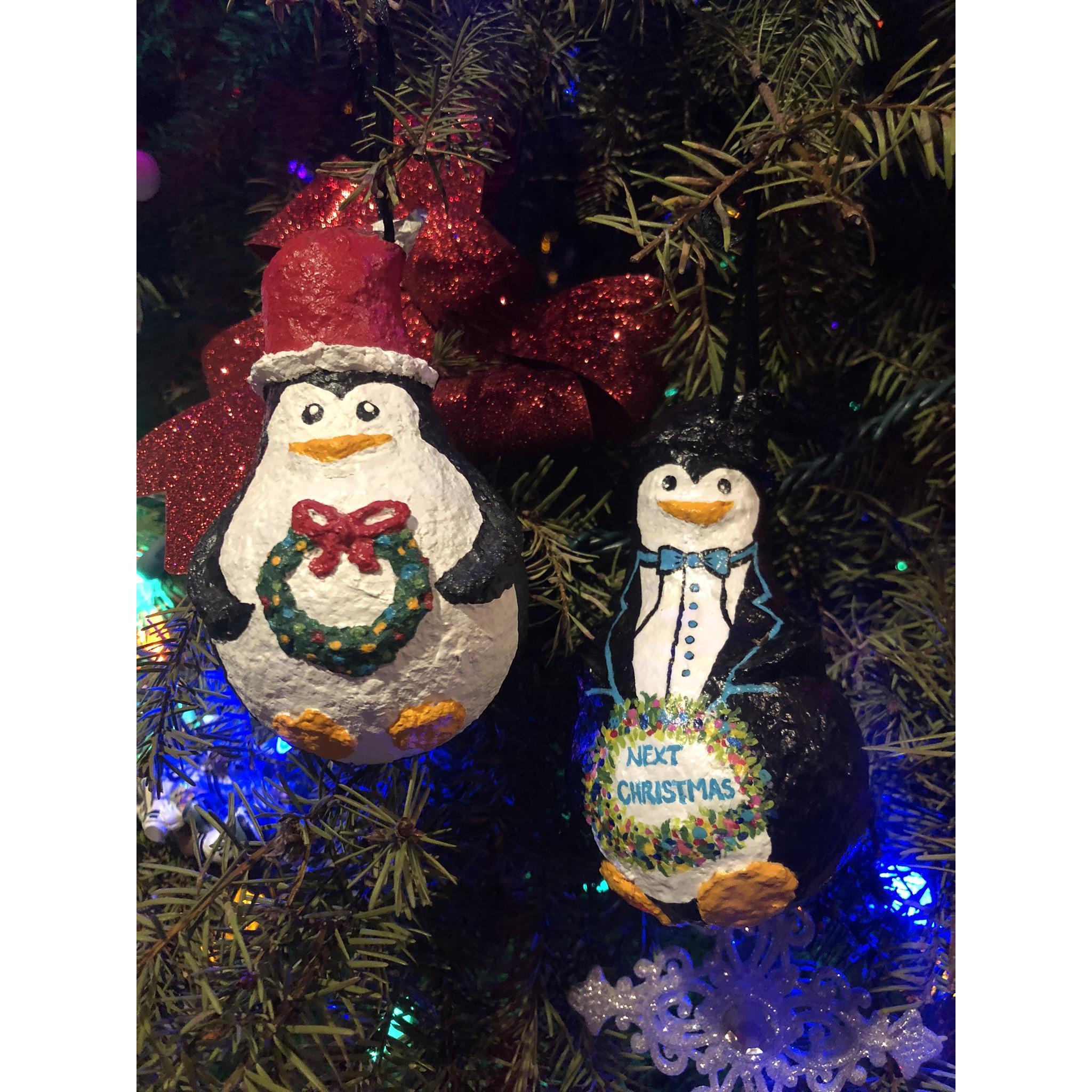 Two of Kerri's hand-crafted ornaments. On the left: given in 2012; on the right: given in 2018.