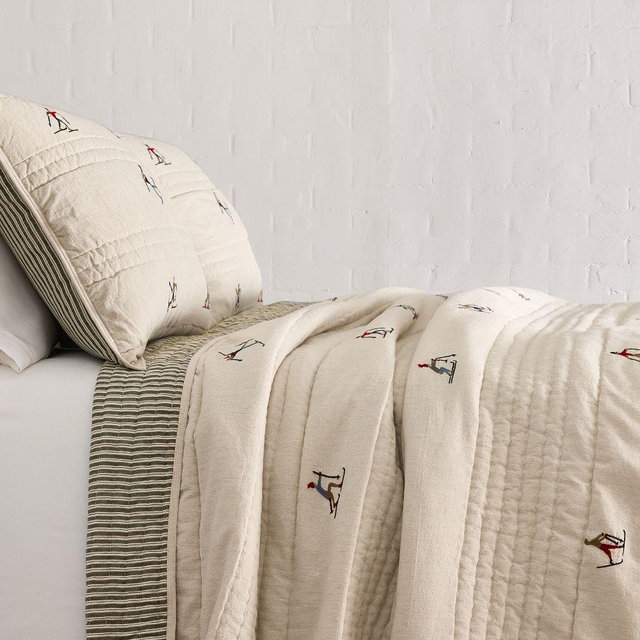 Embroidered Skier Quilt, Full/Queen, Natural Flax