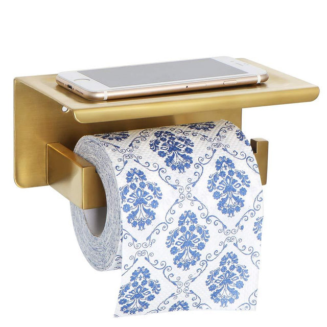 Alise GYT5000-G Toilet Paper Holder Tissue Holders Paper Storage with Mobile Phone Storage Shelf,Self-Adhesive or Wall Drilling,SUS304 Stainless Steel Brushed Golden Finish