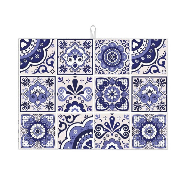 Talavera Mexican Tiles Dish Drying Mats for Kitchen Counter, Absorbent Reversible Microfiber Dish Drying Pad, Multi-Use Large Drying Mat Coffee Bar Accessories 18"x24"
