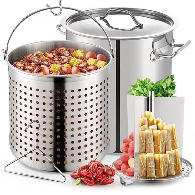 ARC 64QT Stainless Steel Stockpot for Crawfish Seafood Turkey Fryer Pot with Basket Divider and Hook, Tamale Steaming Crab Lobster Outdoor Cooking and Home Brewing