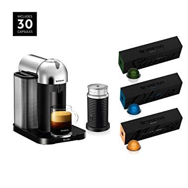 Nespresso Vertuo Coffee and Espresso Maker by Breville with Aeroccino, Chrome and BEST SELLING VERTUOLINE COFFEES INCLUDED