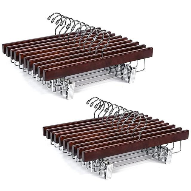 Amber Home Walnut Wooden Pants Hangers 24 Pack, Solid Wood Skirt Hanger Bottom Hanger Clips Hangers for Slacks, Jeans, Shorts with 2-Adjustable Clips (Walnut, 24 Pack)